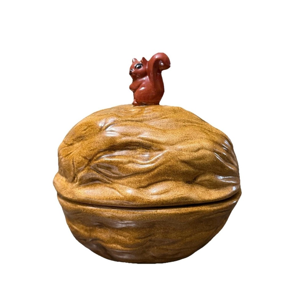 Vintage Walnut Cookie Jar Trinket‎ Box Squirrel Lid Brown Ceramic Nut Dish